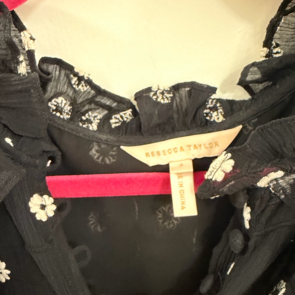 Rebecca Taylor Alessandra Ruffle Floral Blouse | Black | Size 4 - Picture 4 of 6